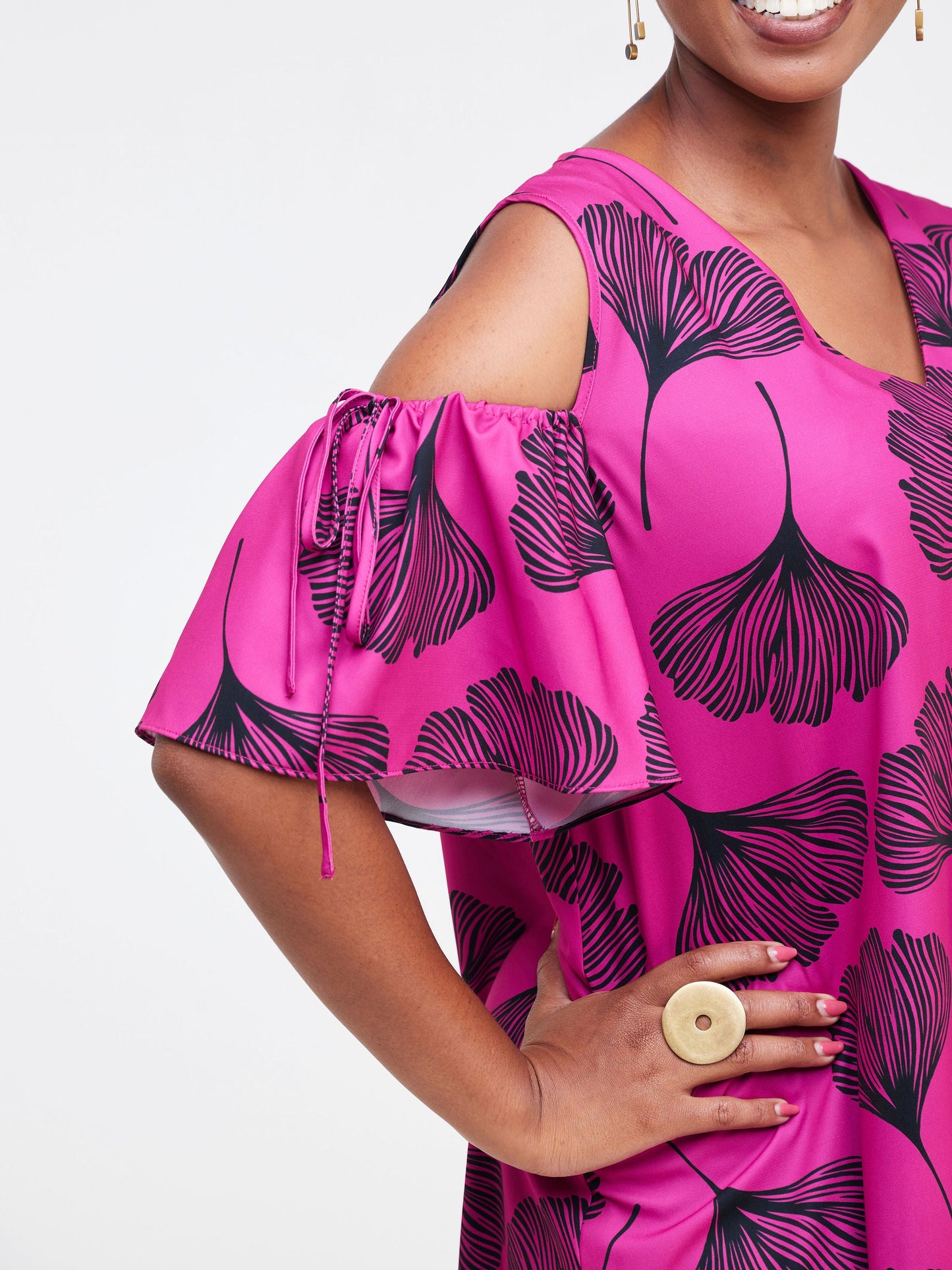 Vivo Dali Cold Shoulder Tie Knee Length Tent Dress - Pink / Black Leaf Print