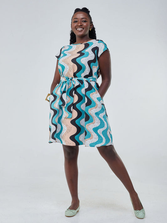 Vivo Basic Cap Sleeve Knee Length Tent Dress - Sea Green / Black Print