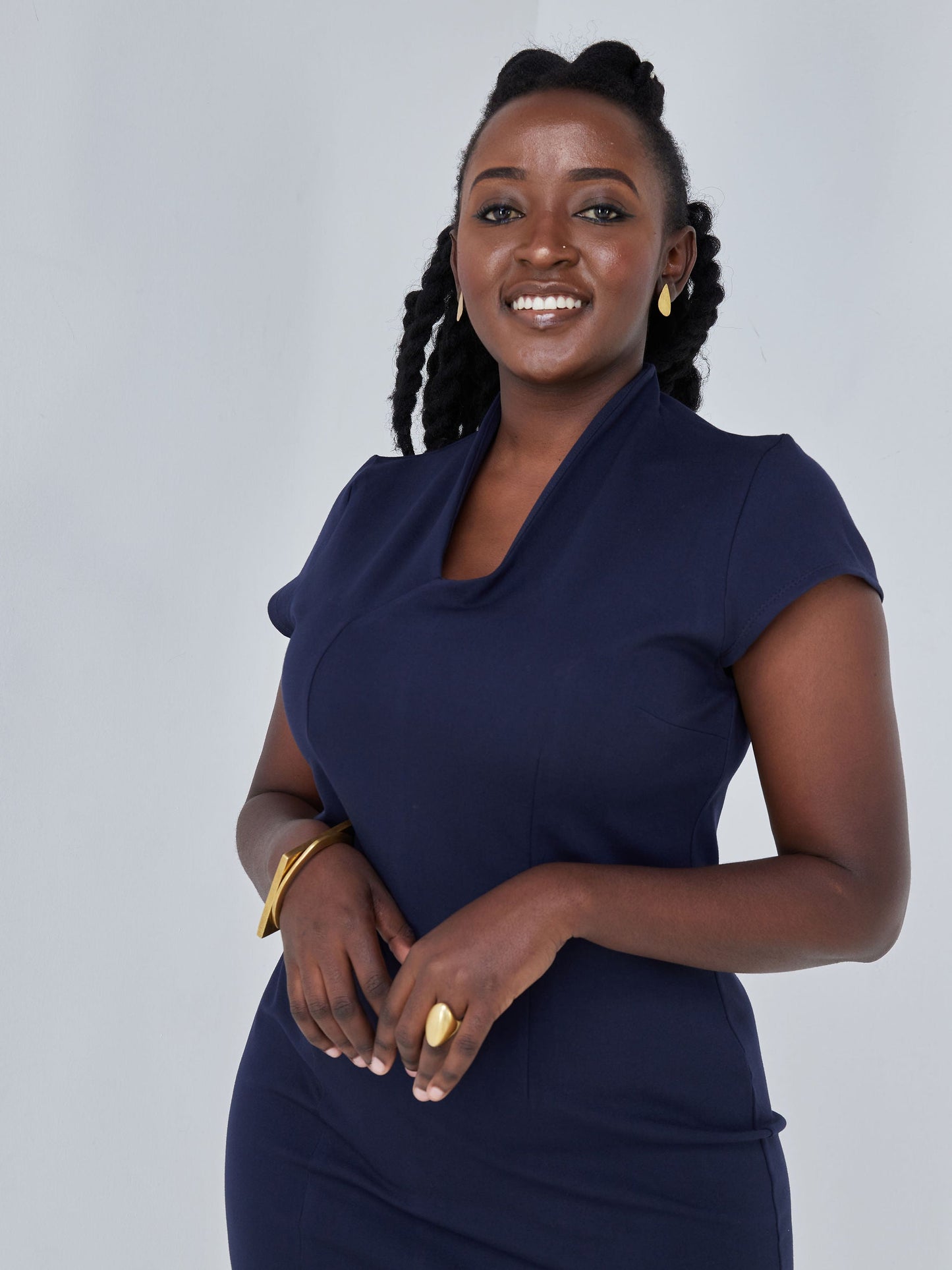 Vivo Zena Cap sleeve Tulip V Neck Sheath Dress - Navy Blue