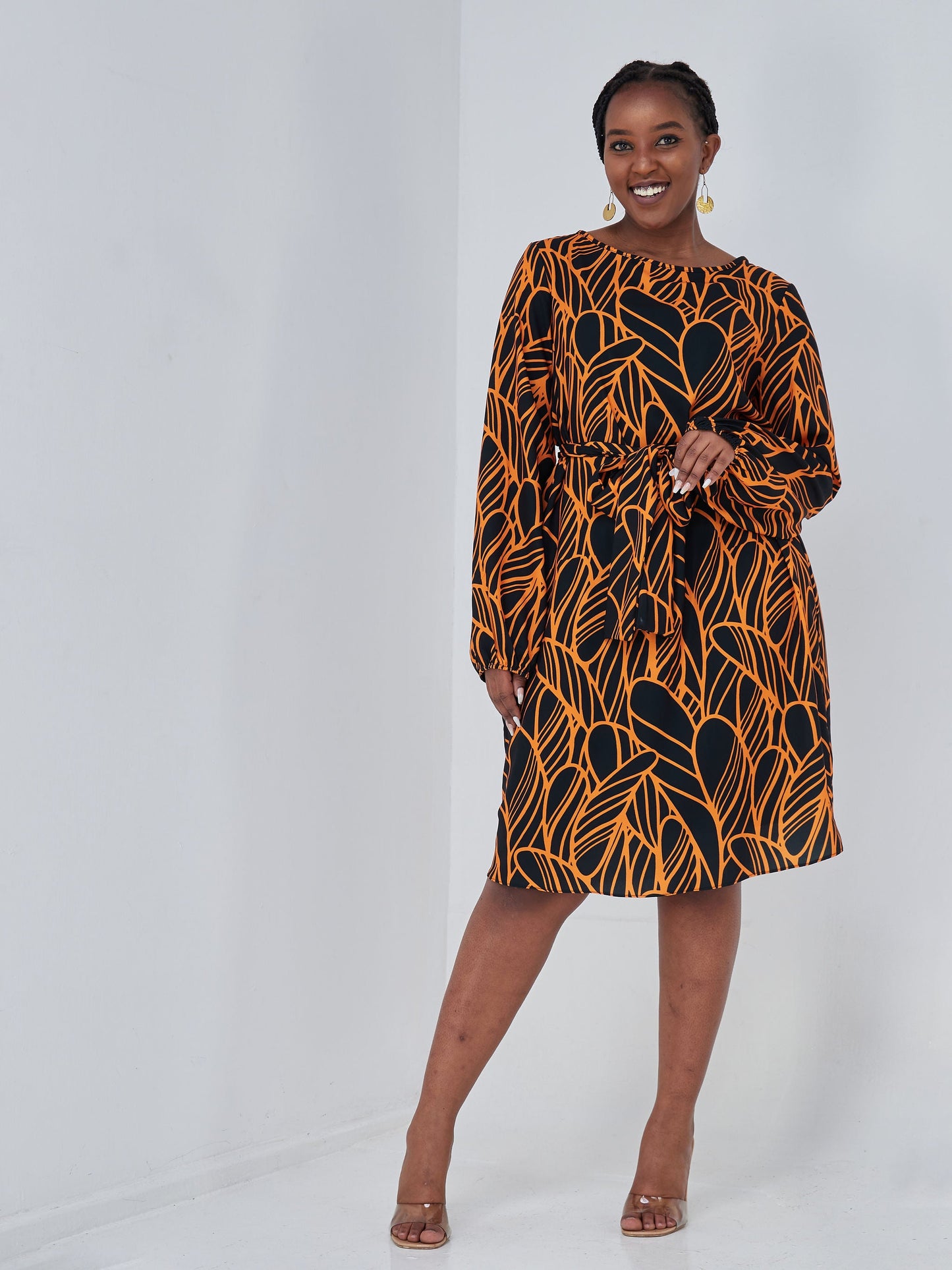 Vivo Zawadi Shift Dress - Orange / Black Abstract Print