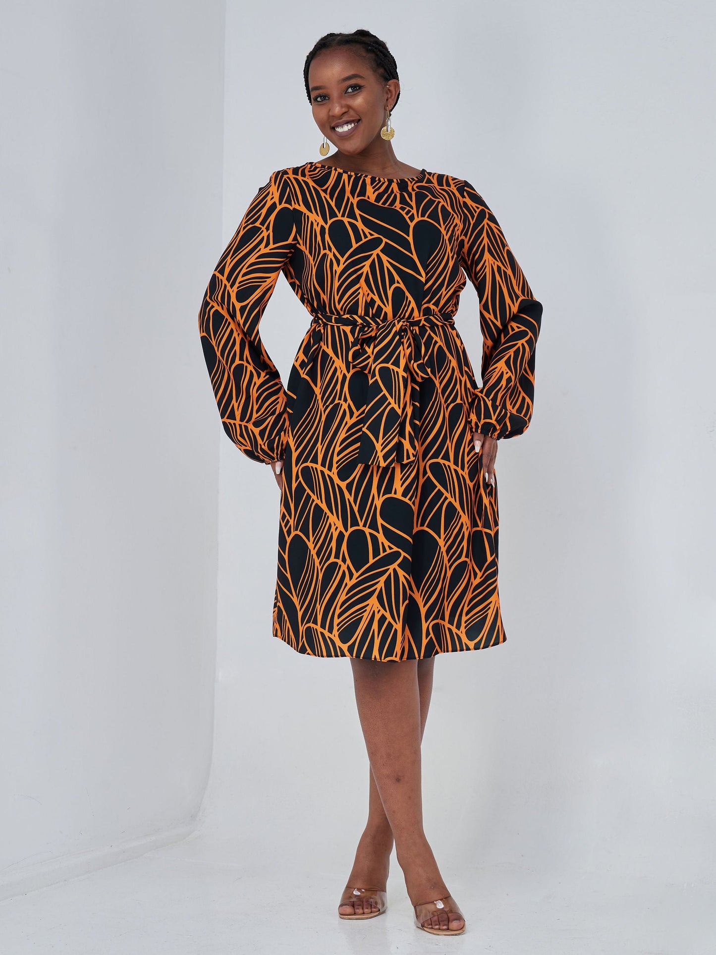 Vivo Zawadi Shift Dress - Orange / Black Abstract Print