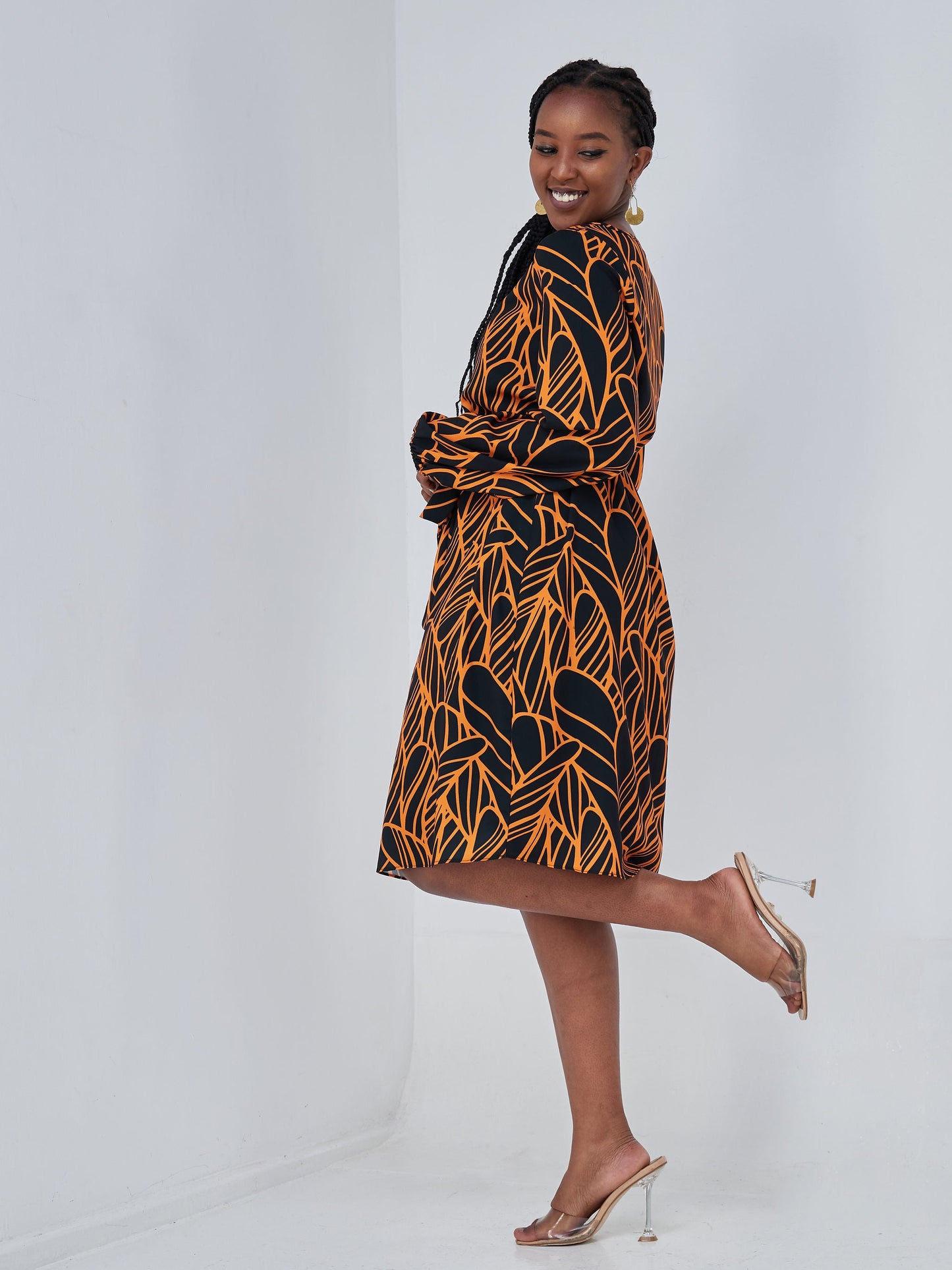 Vivo Zawadi Shift Dress - Orange / Black Abstract Print