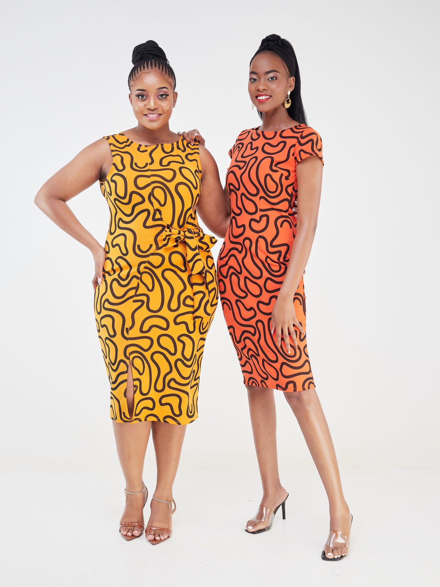Vivo Imara Sleeveless Front Tie Dress - Mustard / Black Spiral Abstract Print