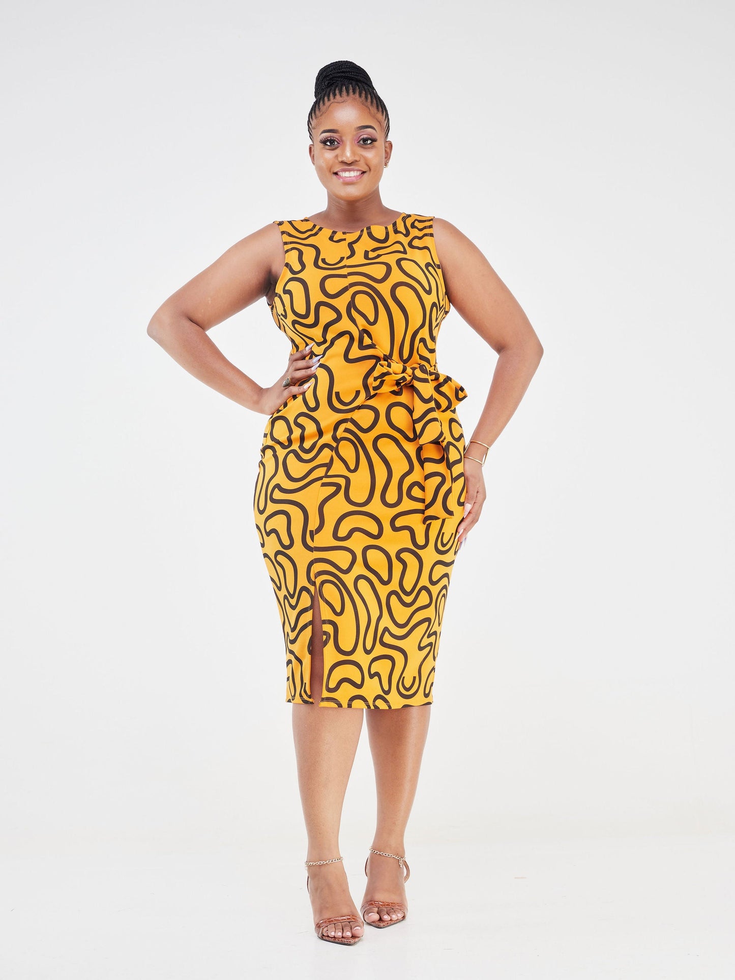 Vivo Imara Sleeveless Front Tie Dress - Mustard / Black Spiral Abstract Print