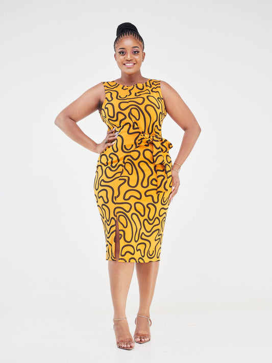 Vivo Imara Sleeveless Front Tie Dress - Mustard / Black Spiral Abstract Print