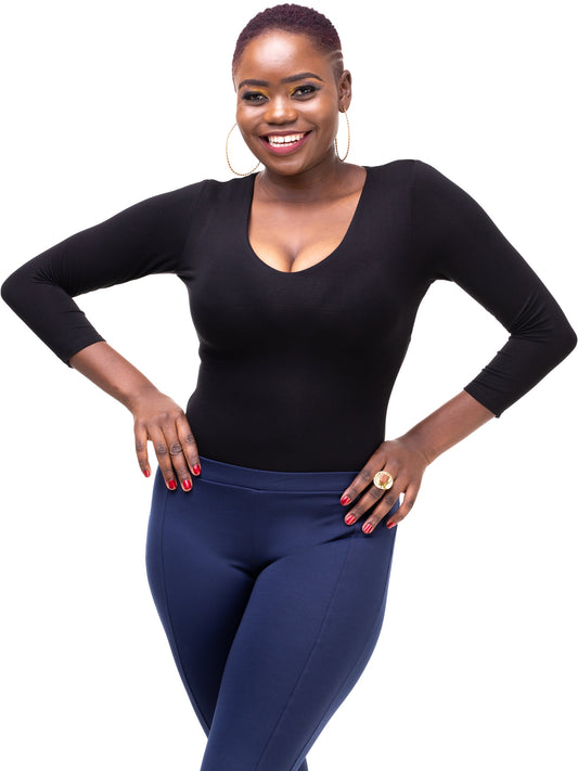 Vivo Basic 3/4 Sleeved Double Layered Bodysuit - Black