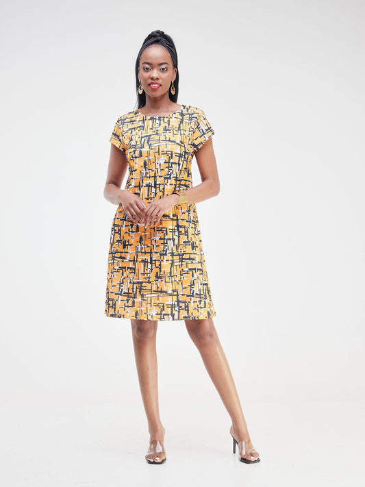 Vivo Imara Cap Sleeve A-Line Dress- Mustard / Black Abstract Print