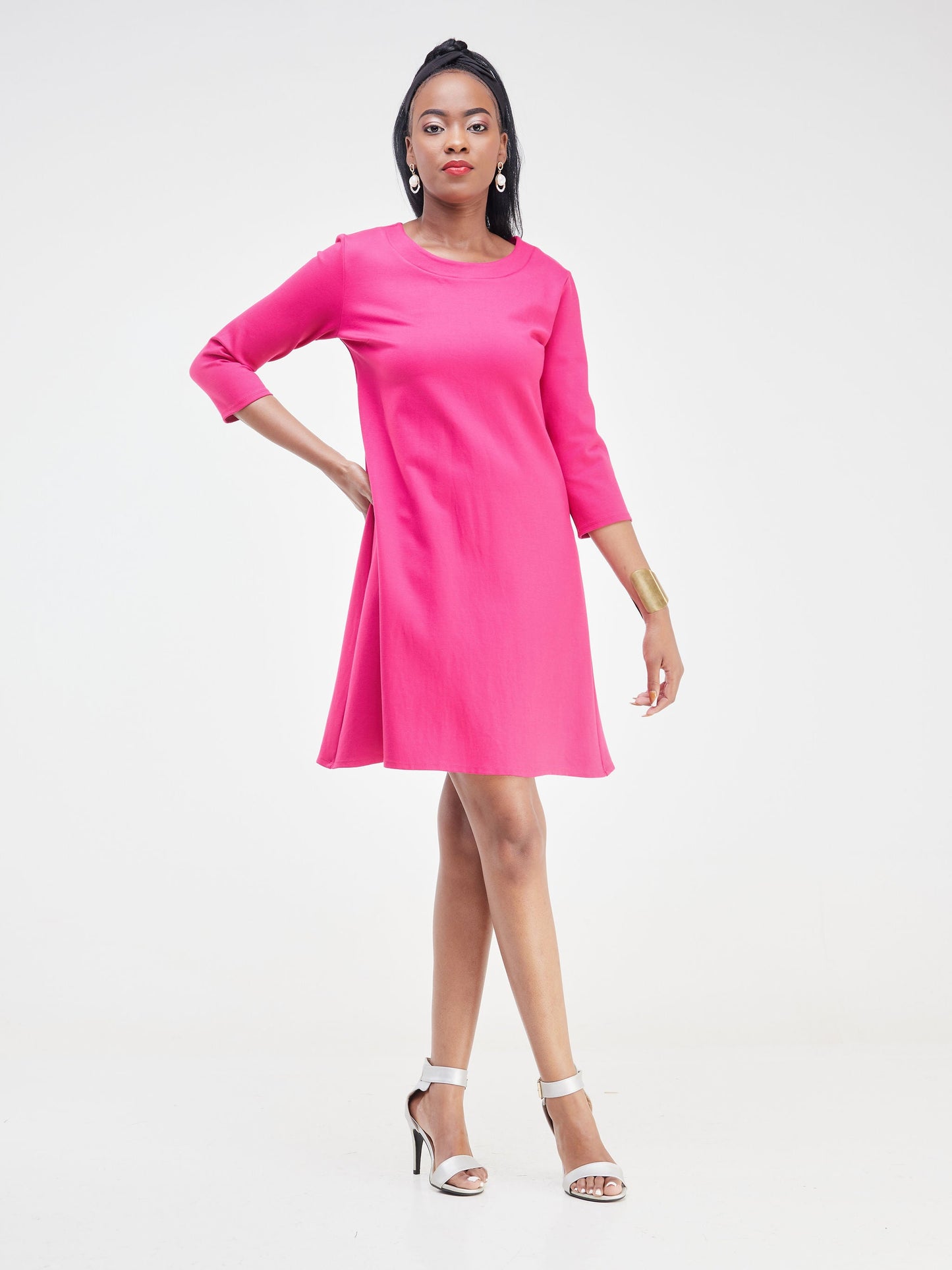 Vivo Jema 3/4 Sleeve A-Line Dress - Pink