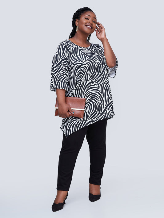 Vivo Lumi Asymmetrical Top - Black / White Spiral Abstract Print