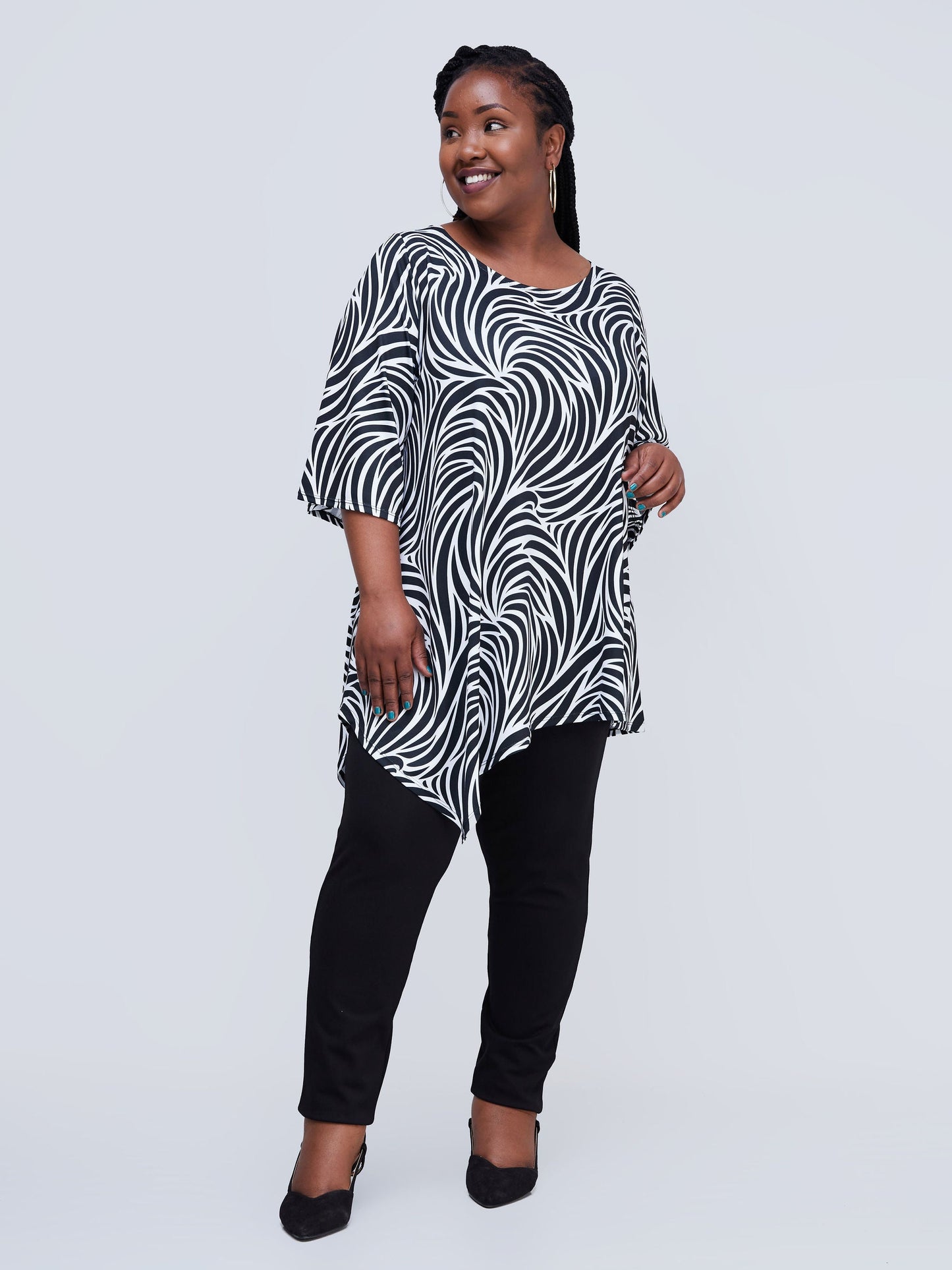 Vivo Lumi Asymmetrical Top - Black / White Spiral Abstract Print