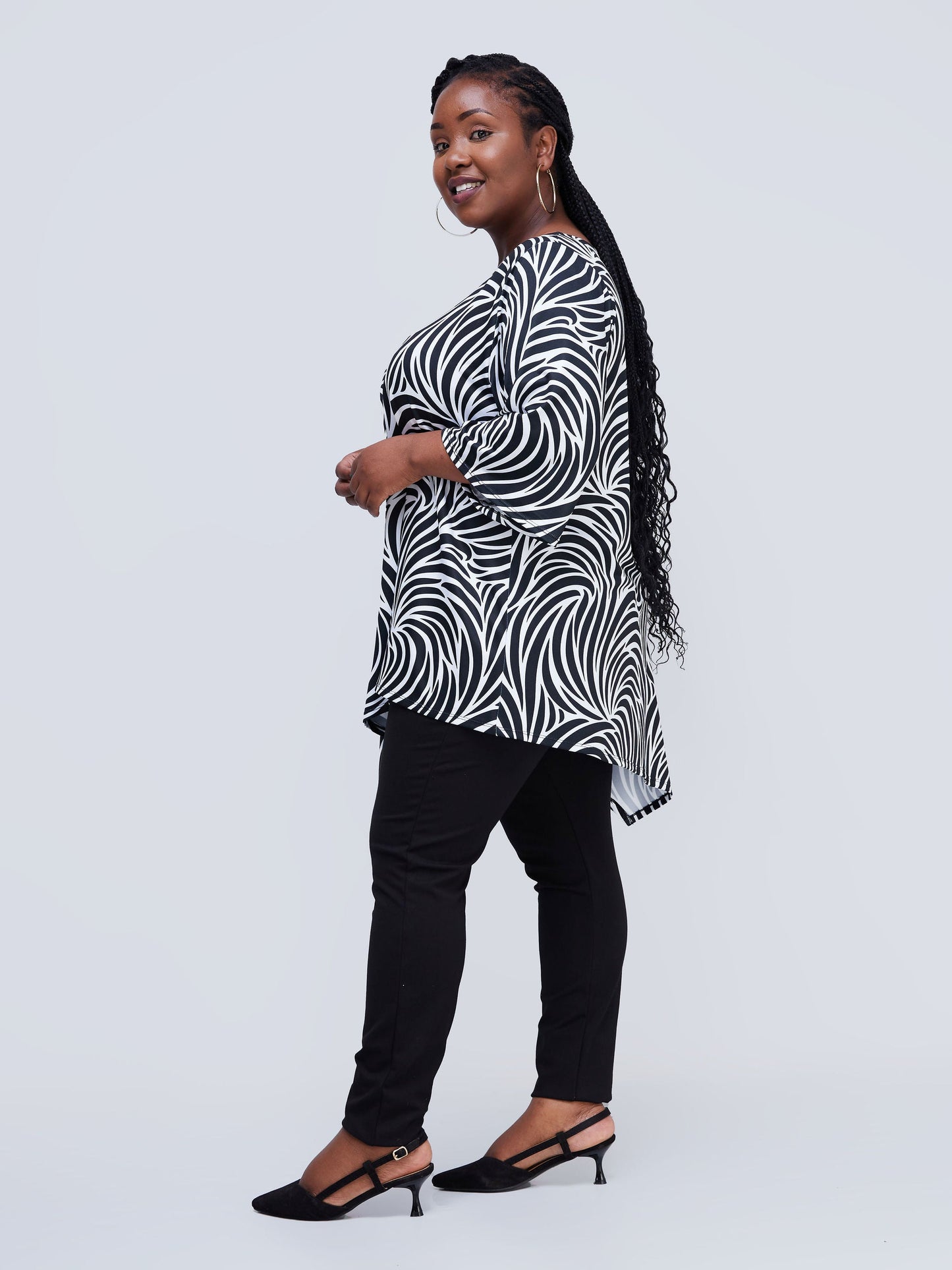 Vivo Lumi Asymmetrical Top - Black / White Spiral Abstract Print