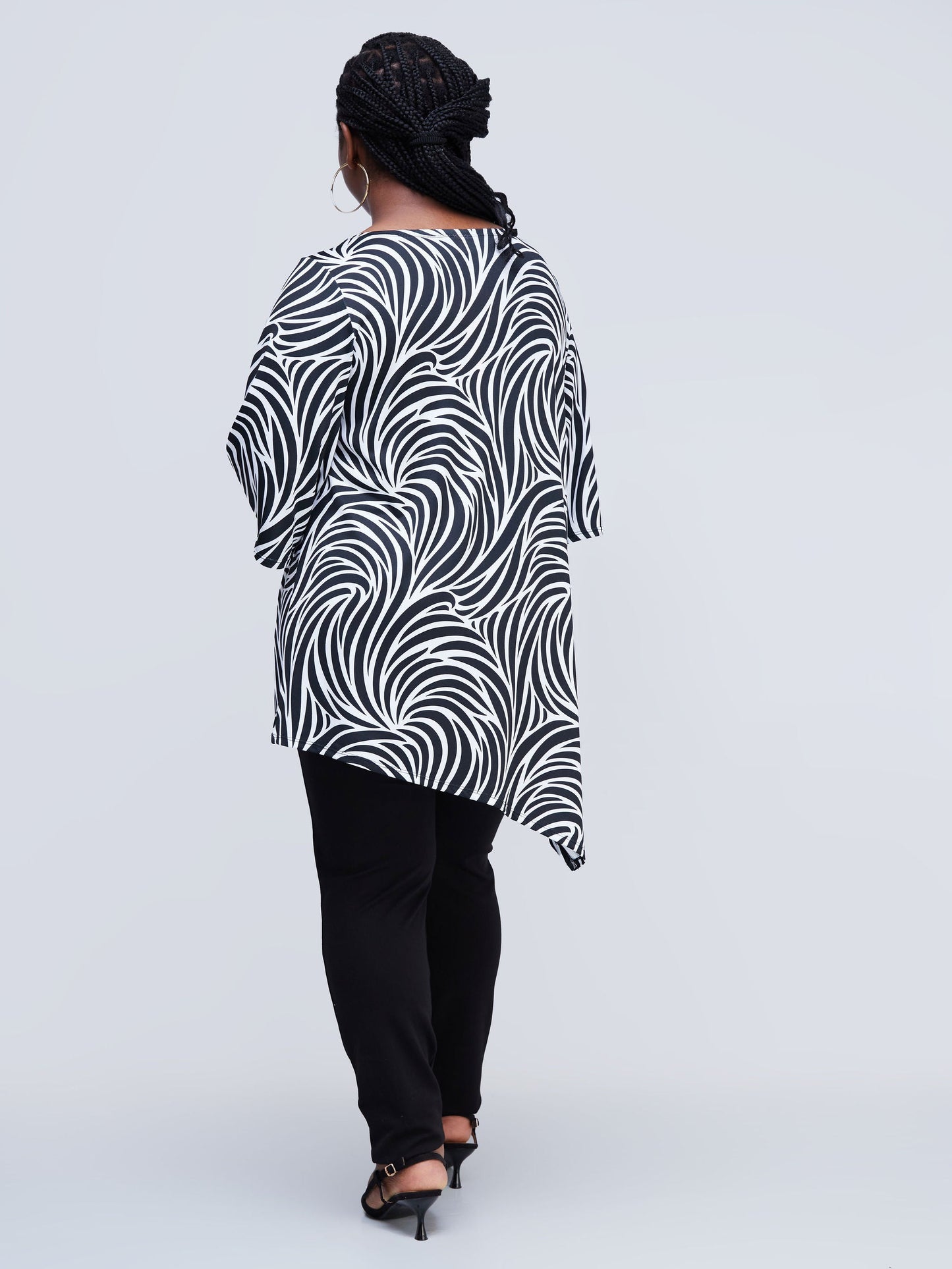 Vivo Lumi Asymmetrical Top - Black / White Spiral Abstract Print