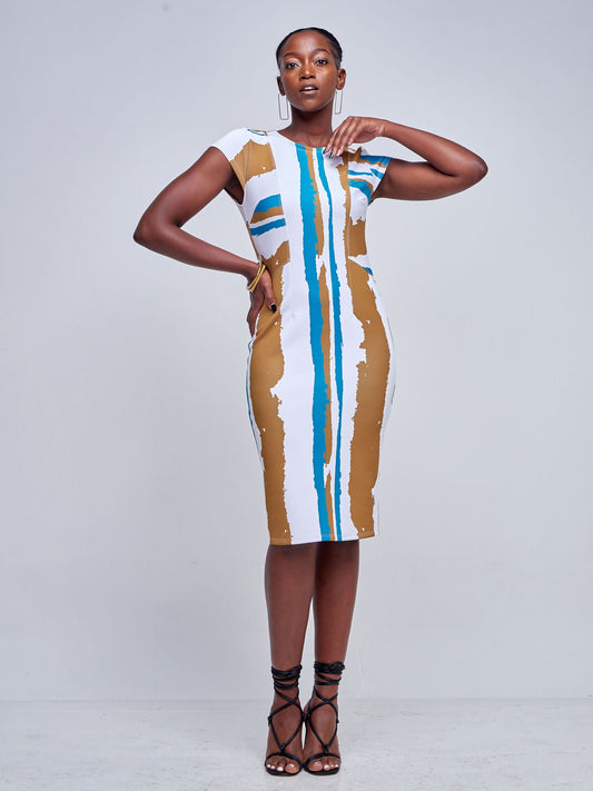 Vivo Tatili Cap Sleeved Panel Sheath Dress - Rust / Teal Abstract Print