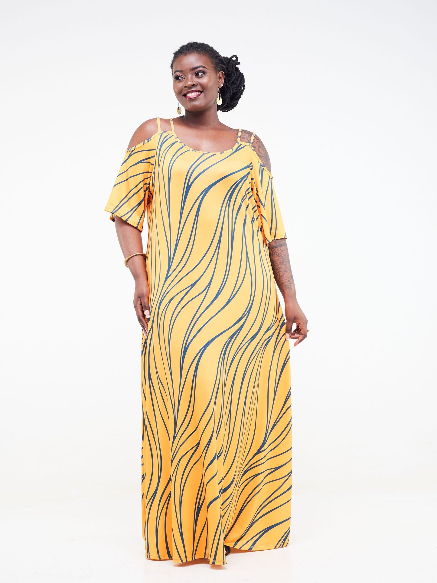 Vivo Lumi Strappy Cold Shoulder Maxi Dress - Mustard / Teal Wavy Abstract Print