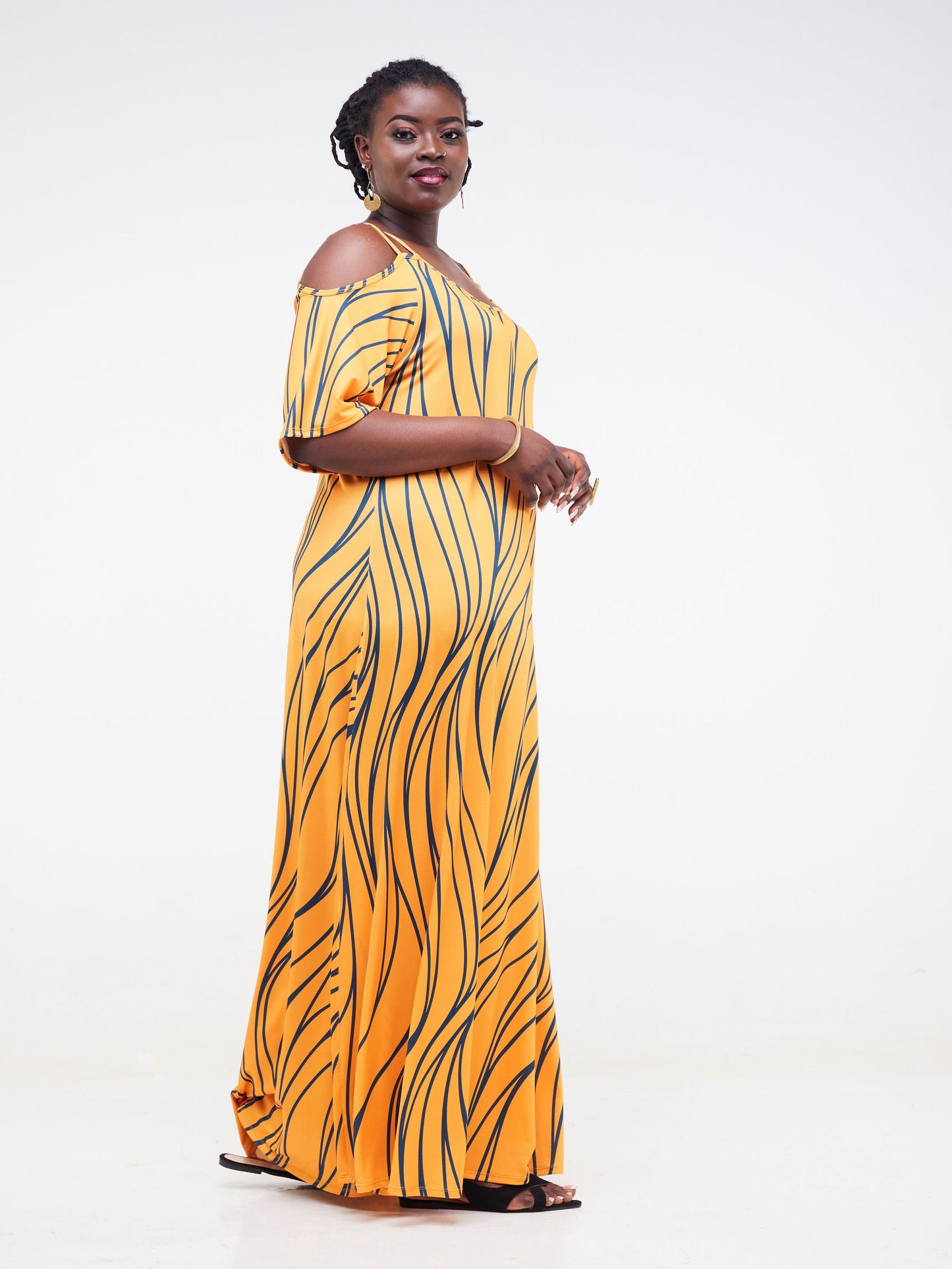 Vivo Lumi Strappy Cold Shoulder Maxi Dress - Mustard / Teal Wavy Abstract Print
