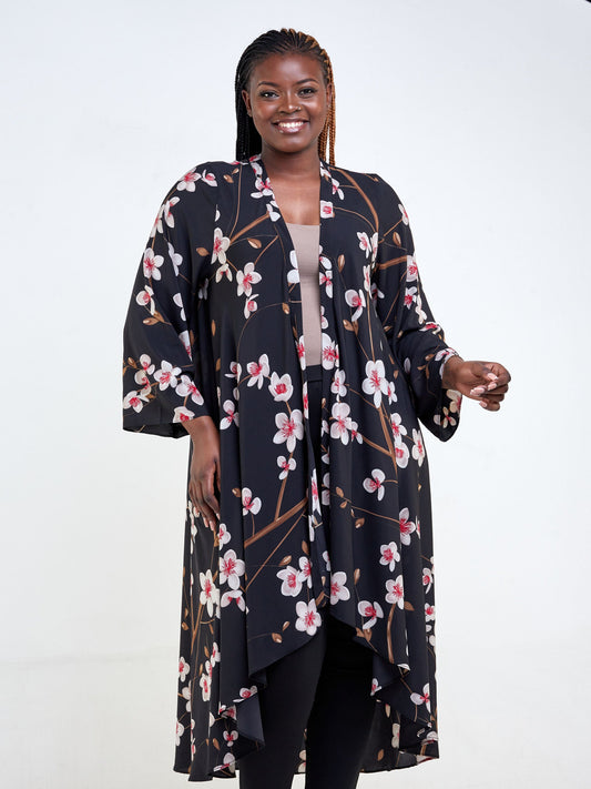 Vivo Maisha Long Sleeve High Low Kimono - Black / Red Floral Print