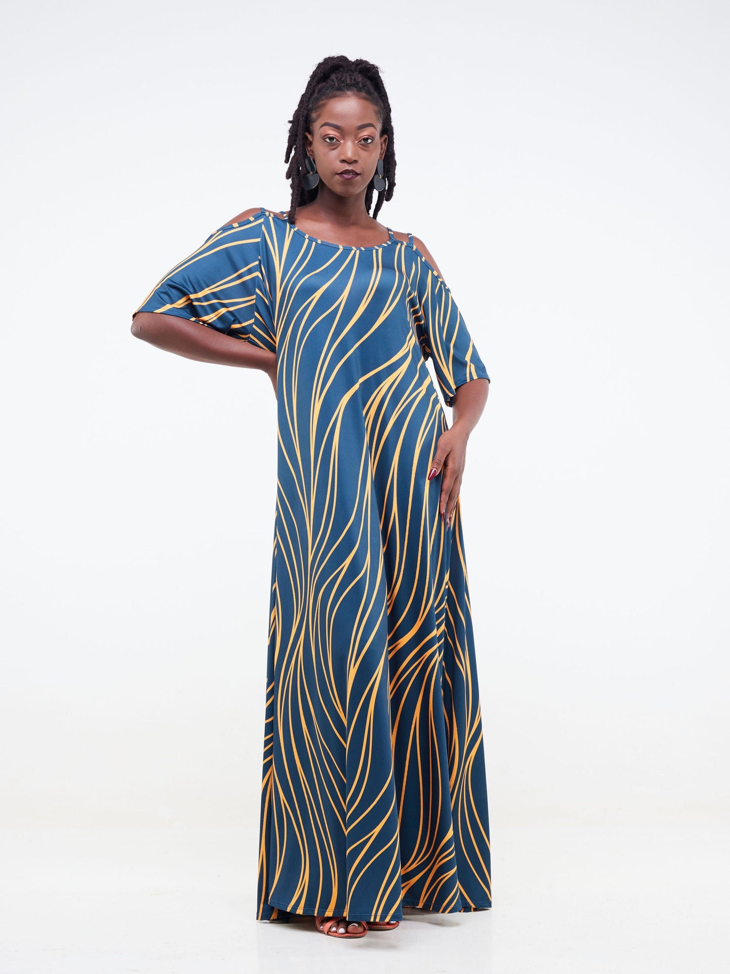 Vivo Lumi Strappy Cold Shoulder Maxi Dress -  Teal / Mustard Wavy Abstract Print