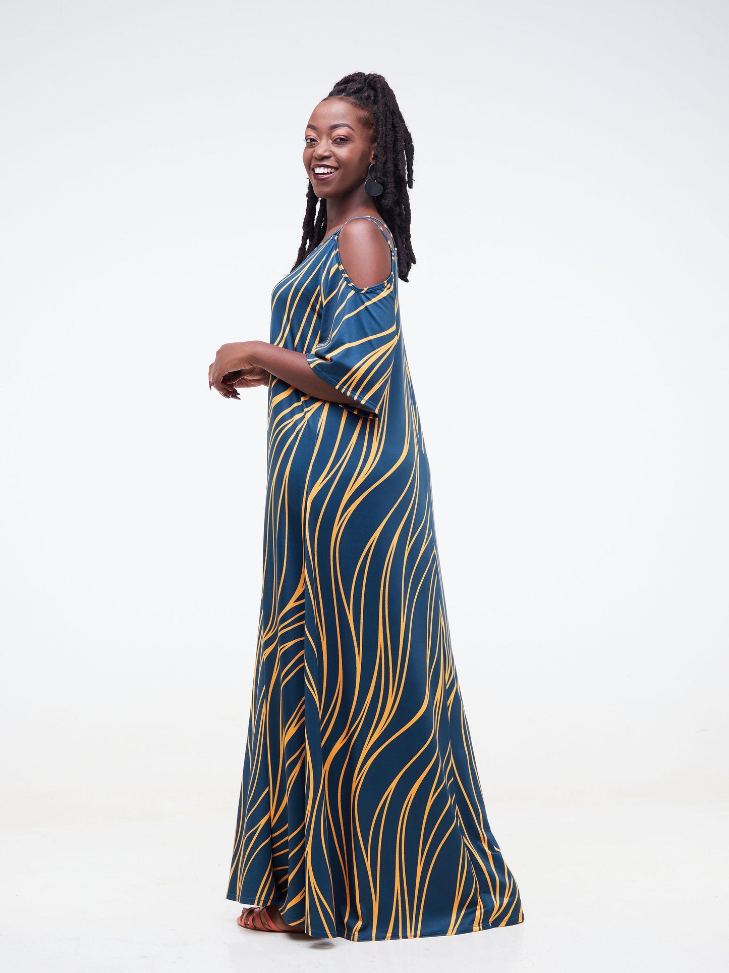 Vivo Lumi Strappy Cold Shoulder Maxi Dress -  Teal / Mustard Wavy Abstract Print
