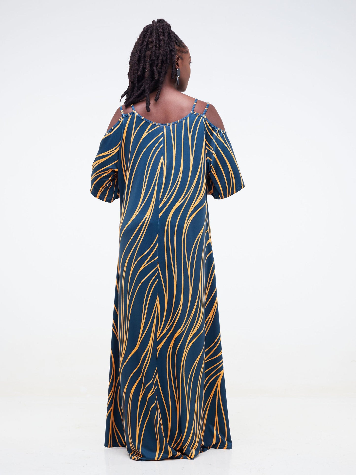 Vivo Lumi Strappy Cold Shoulder Maxi Dress -  Teal / Mustard Wavy Abstract Print