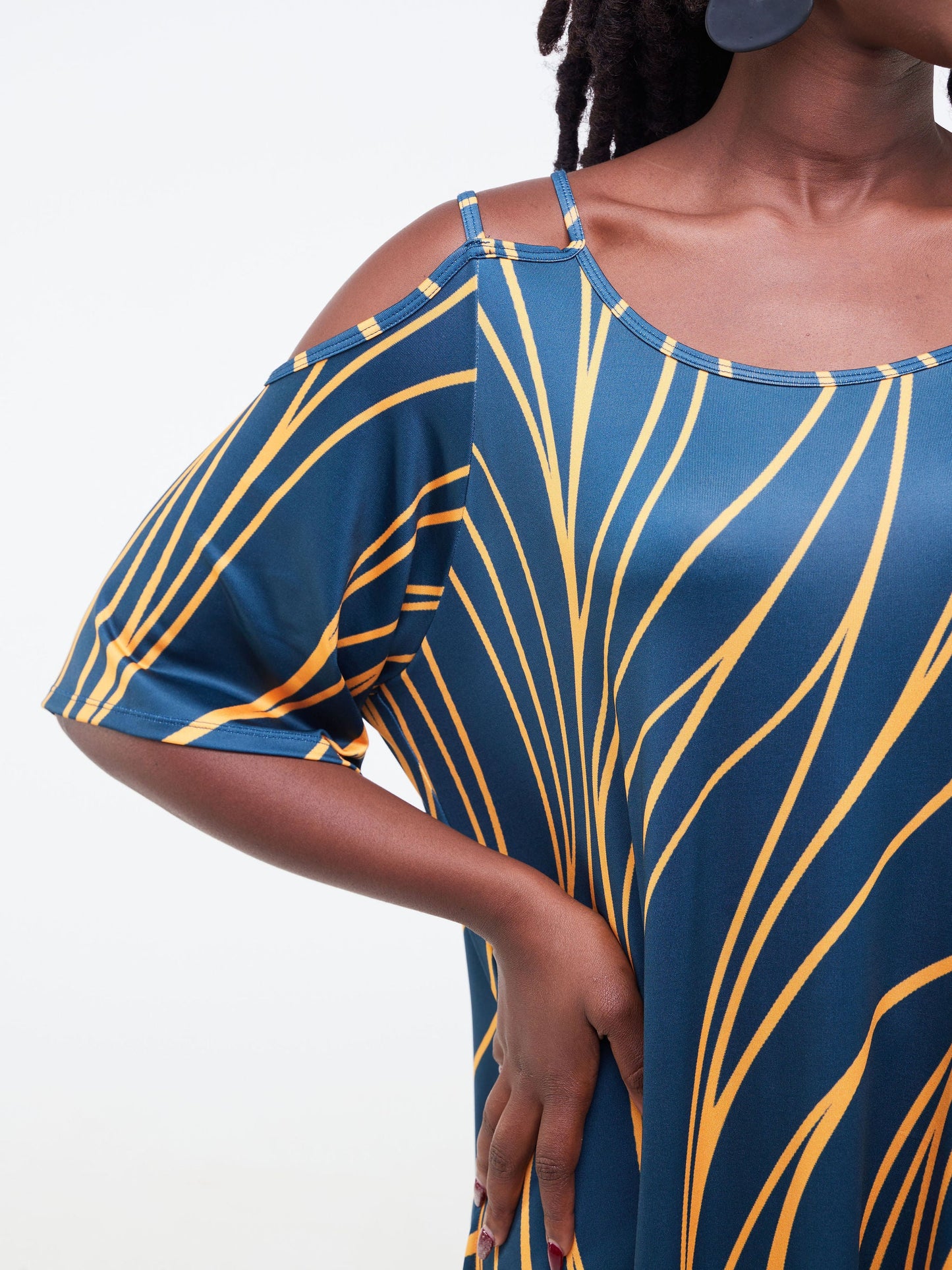 Vivo Lumi Strappy Cold Shoulder Maxi Dress -  Teal / Mustard Wavy Abstract Print