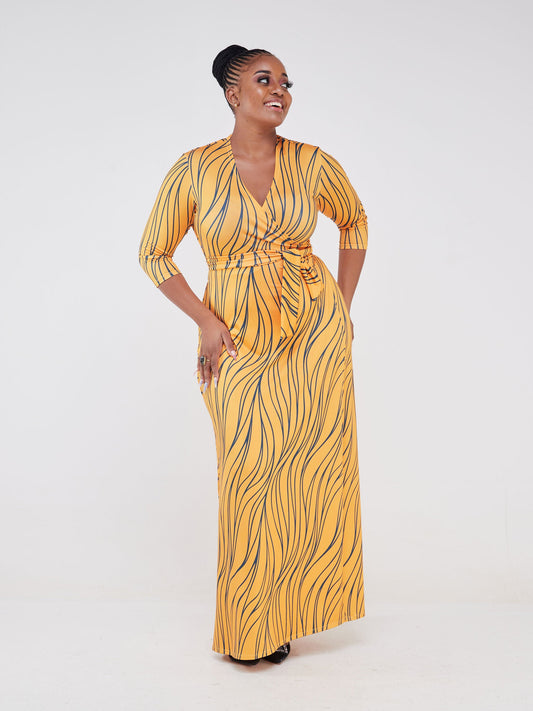 Vivo Lumi 3/4 Sleeve Wrap Maxi Dress - Mustard / Teal Spiral Print