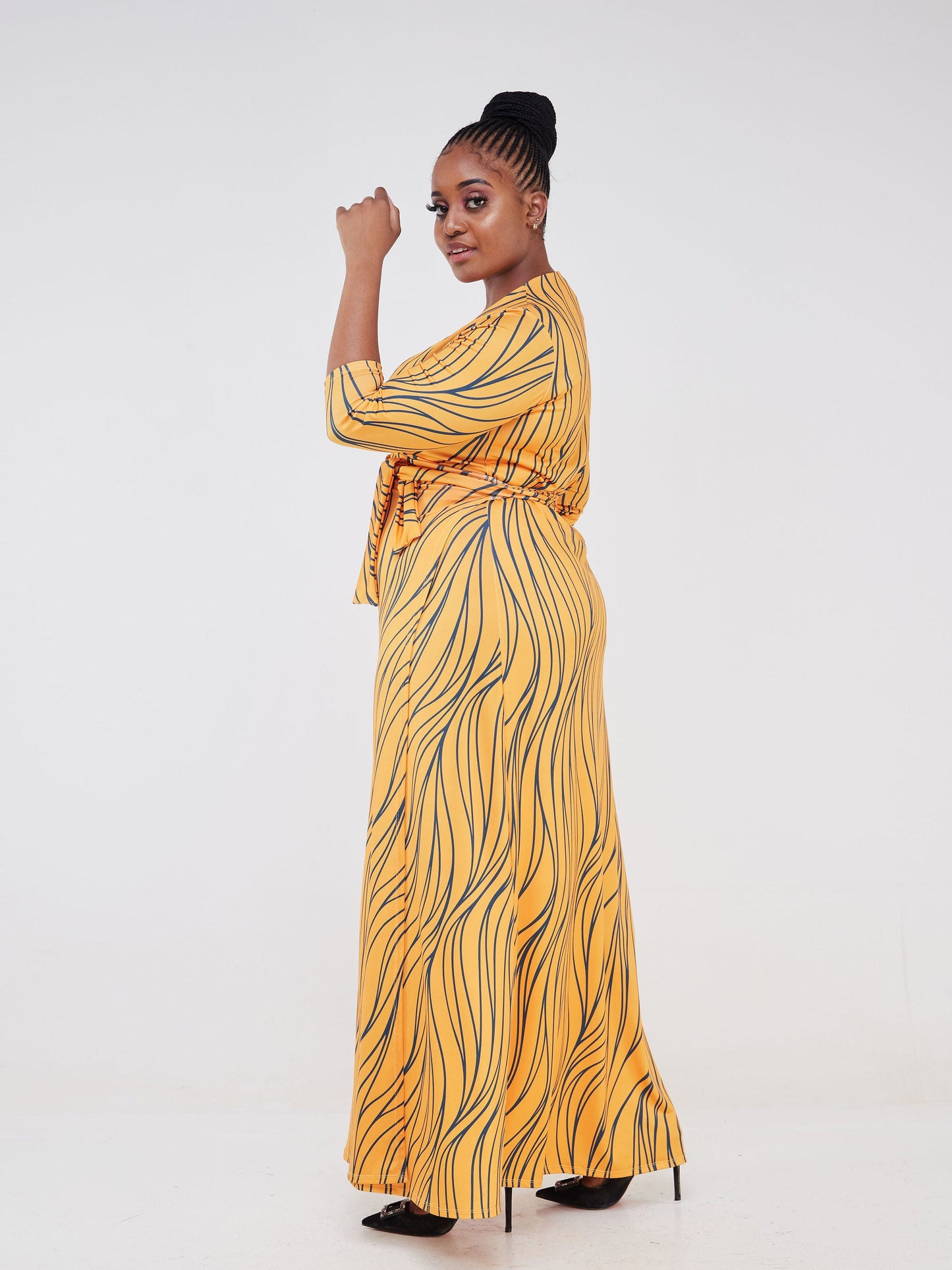 Vivo Lumi 3/4 Sleeve Wrap Maxi Dress - Mustard / Teal Spiral Print