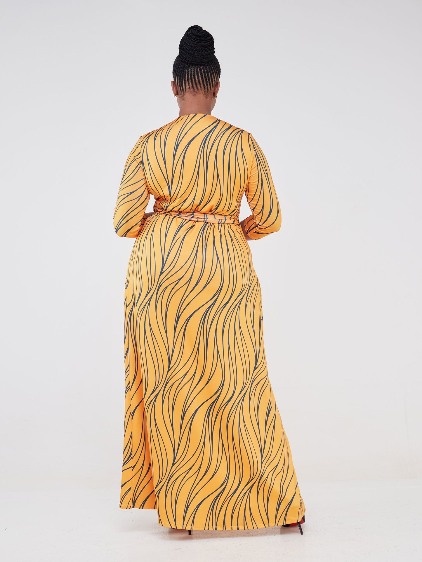 Vivo Lumi 3/4 Sleeve Wrap Maxi Dress - Mustard / Teal Spiral Print
