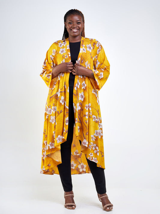 Vivo Maisha Long Sleeve High Low Kimono - Mustard / Taupe Floral Print