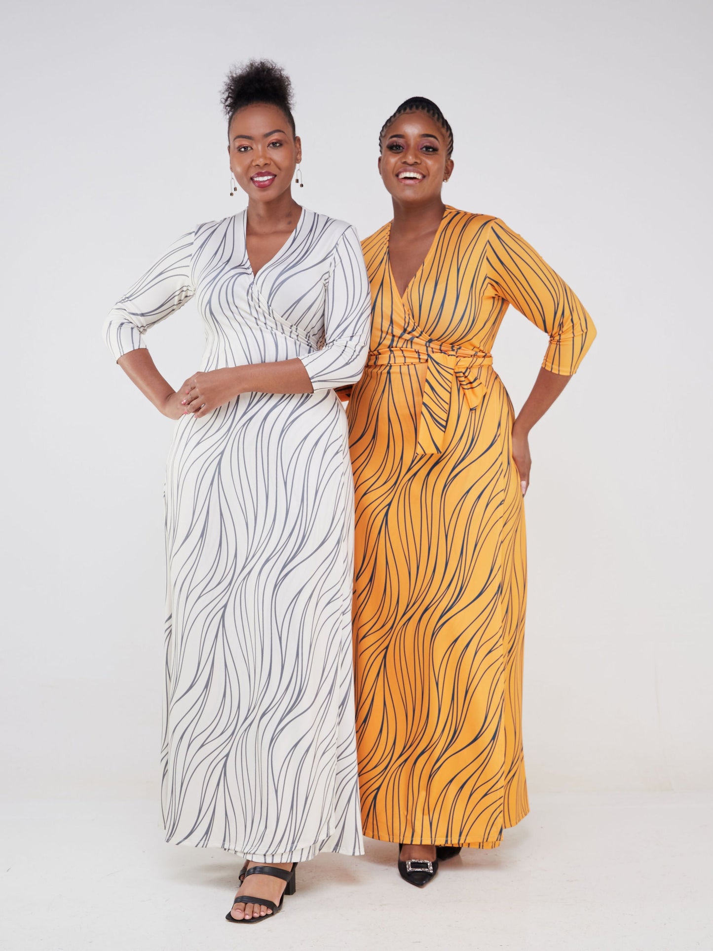Vivo Lumi 3/4 Sleeve Wrap Maxi Dress - Beige / Grey Spiral Print