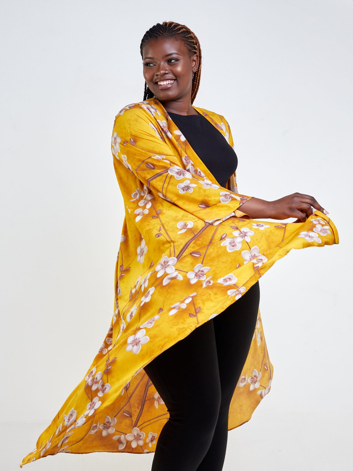 Vivo Maisha Long Sleeve High Low Kimono - Mustard / Taupe Floral Print