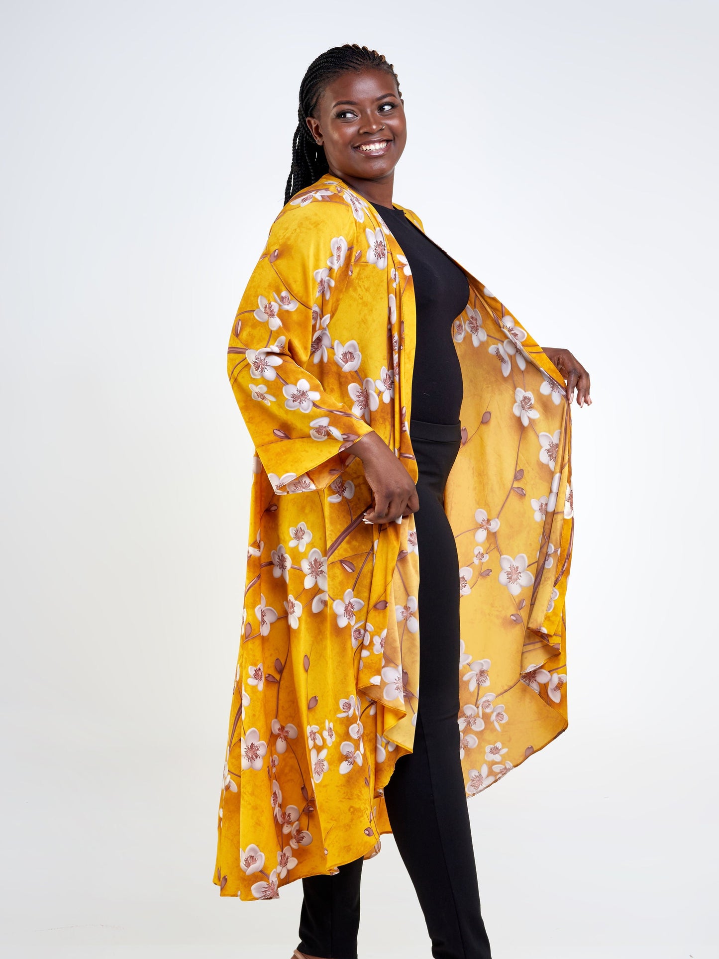 Vivo Maisha Long Sleeve High Low Kimono - Mustard / Taupe Floral Print
