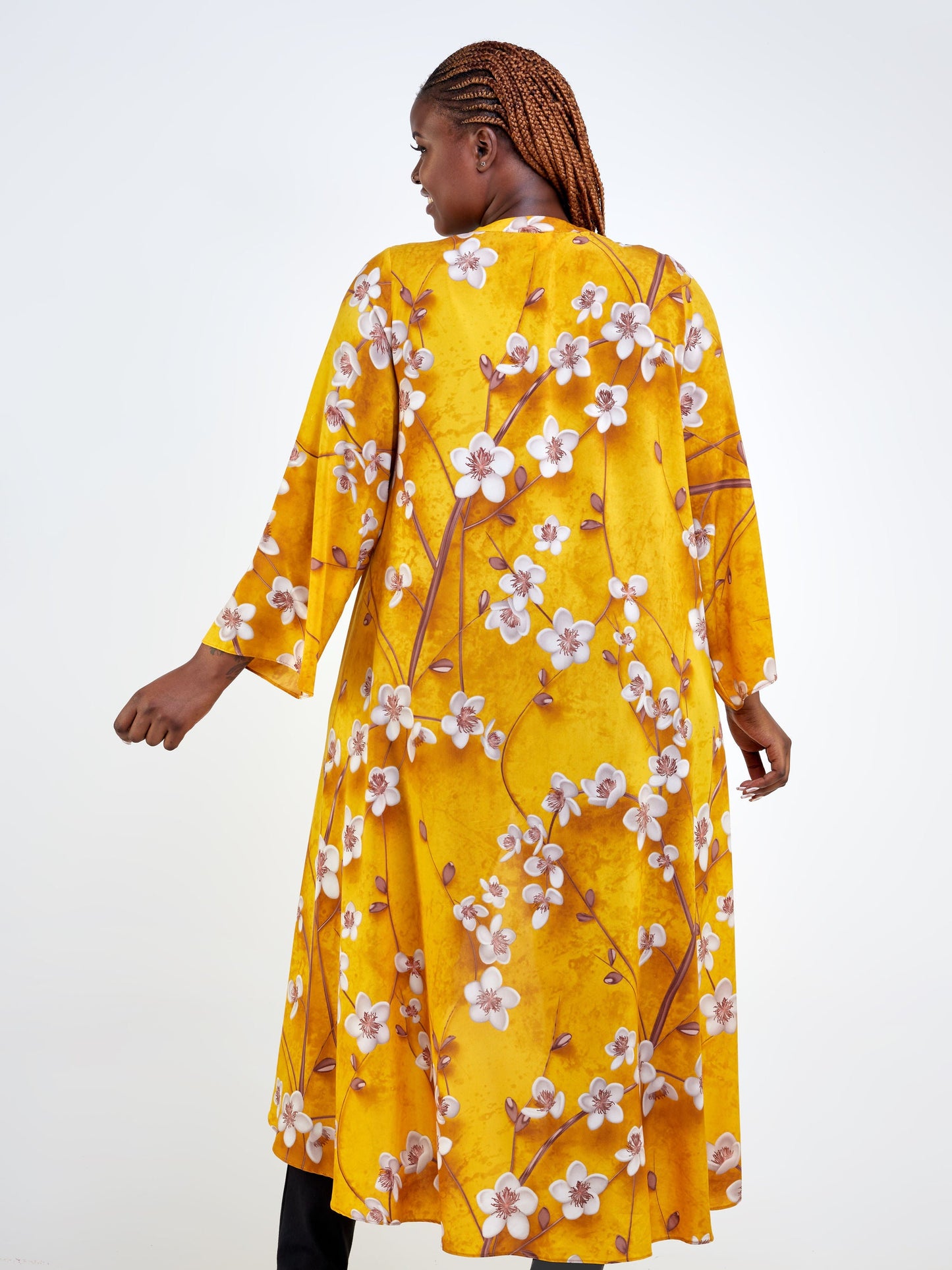 Vivo Maisha Long Sleeve High Low Kimono - Mustard / Taupe Floral Print