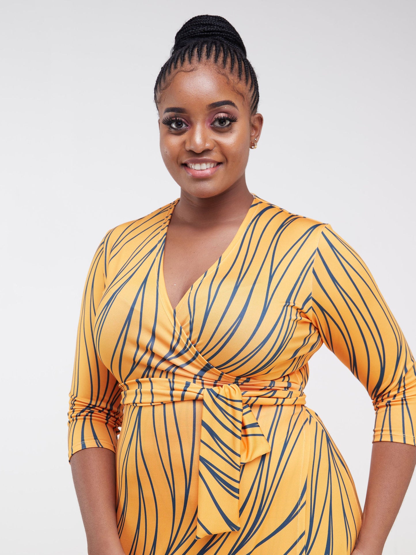 Vivo Lumi 3/4 Sleeve Wrap Maxi Dress - Mustard / Teal Spiral Print