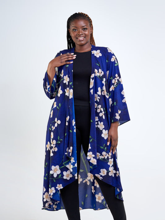 Vivo Maisha Long Sleeve High Low Kimono - Navy Blue / Taupe Floral Print