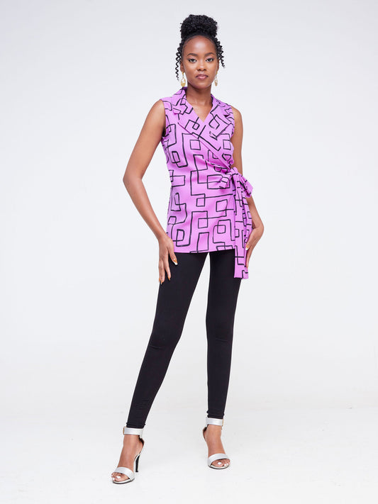 Vivo Fahari Collared Wrap Top - Light Purple / Black Geometric Print