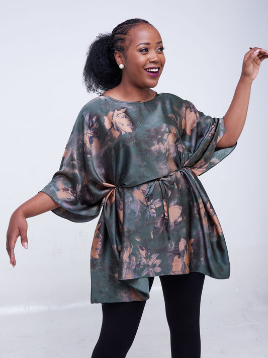 Vivo Jamila Kaftan Top - Dark Green / Brown Print
