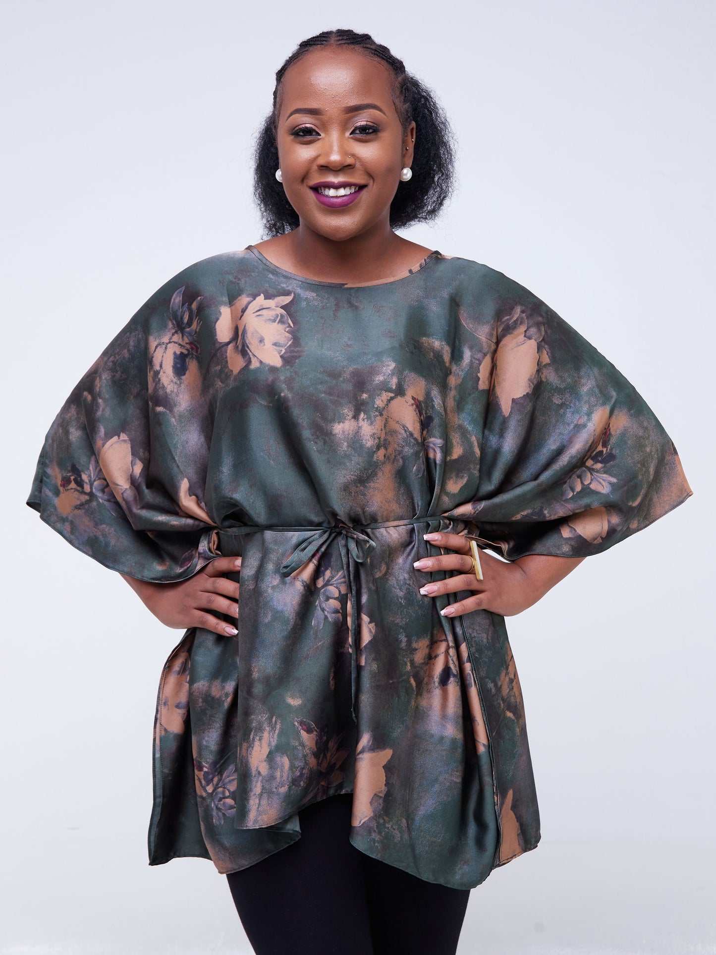 Vivo Jamila Kaftan Top - Dark Green / Brown Print