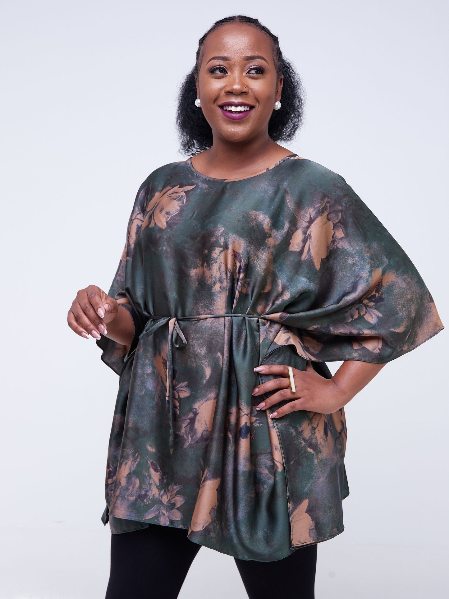 Vivo Jamila Kaftan Top - Dark Green / Brown Print