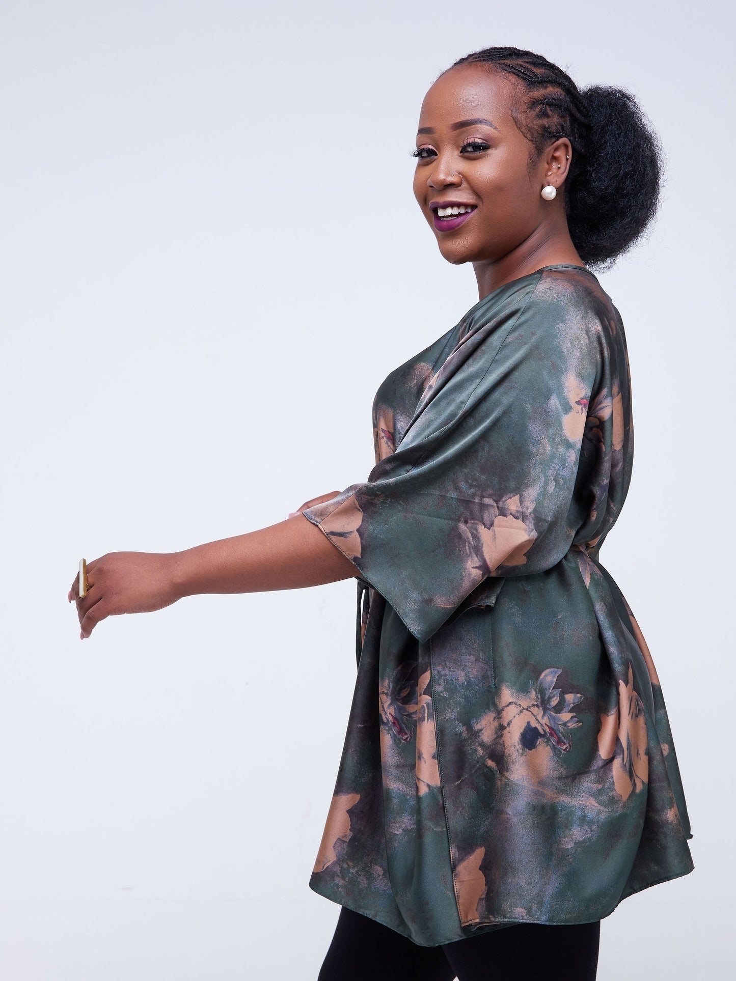 Vivo Jamila Kaftan Top - Dark Green / Brown Print