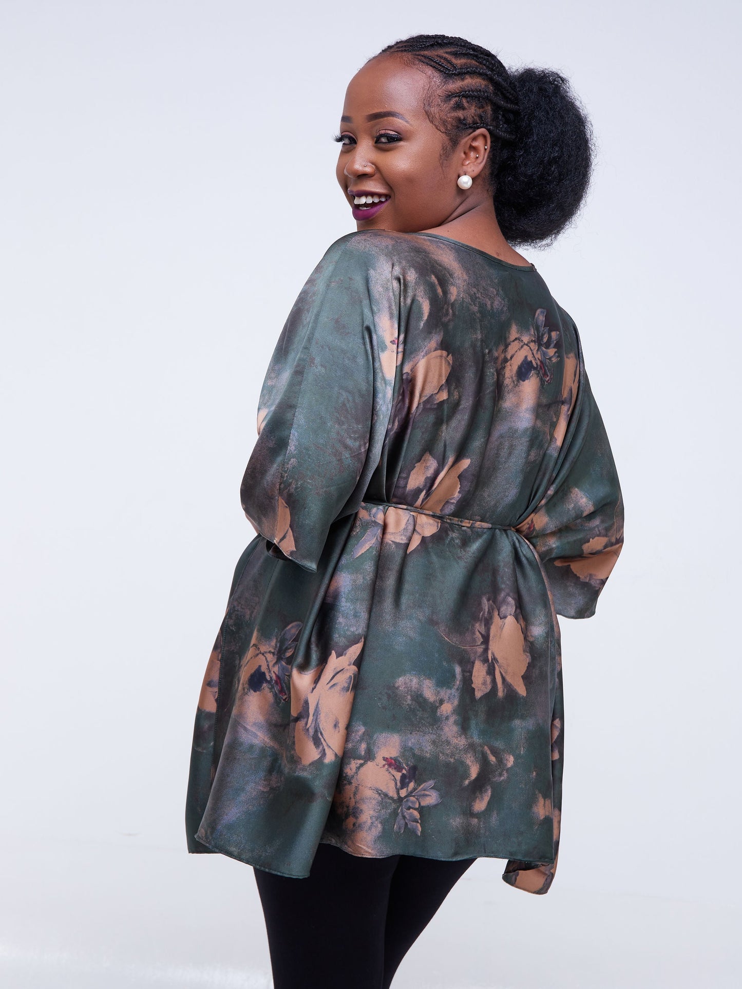 Vivo Jamila Kaftan Top - Dark Green / Brown Print