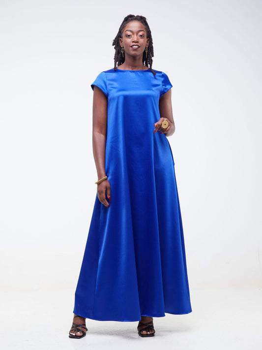 Vivo Basic Satin Cap Sleeve Tent Maxi Dress - Royal Blue