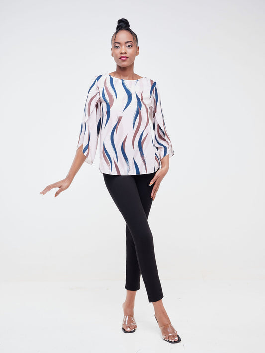 Vivo Lalea 3/4 Sleeve Top - Cream / Brown Abstract Print