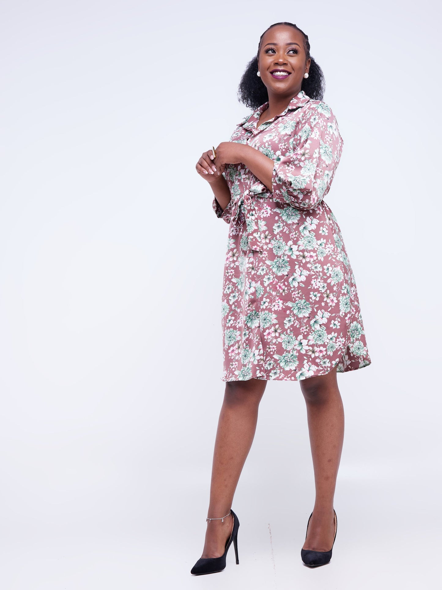 Vivo Thando 3/4 Bishop Sleeve Shirt Dress - Brown Floral Print