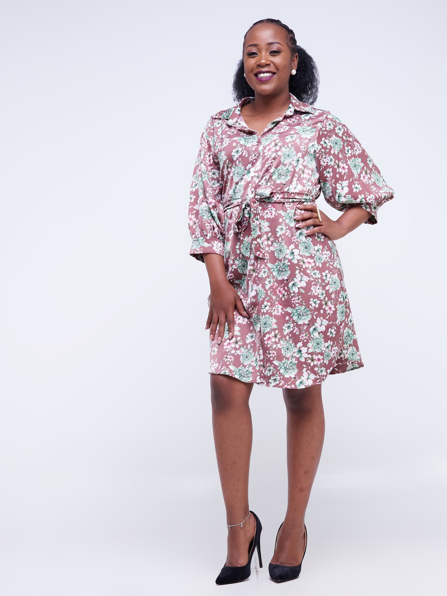 Vivo Thando 3/4 Bishop Sleeve Shirt Dress - Brown Floral Print