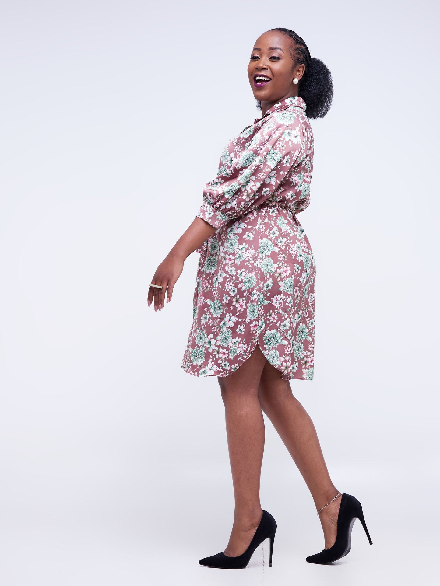 Vivo Thando 3/4 Bishop Sleeve Shirt Dress - Brown Floral Print