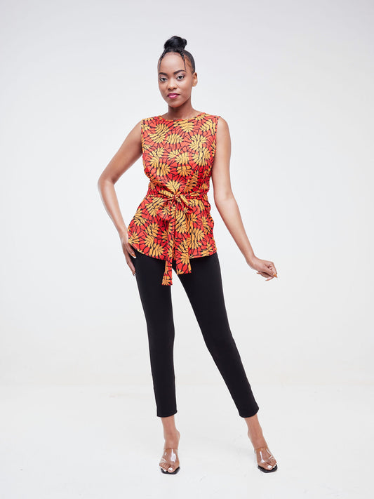Vivo Imali Sleeveless Waist Tie Top - Red / Orange Abstract Print