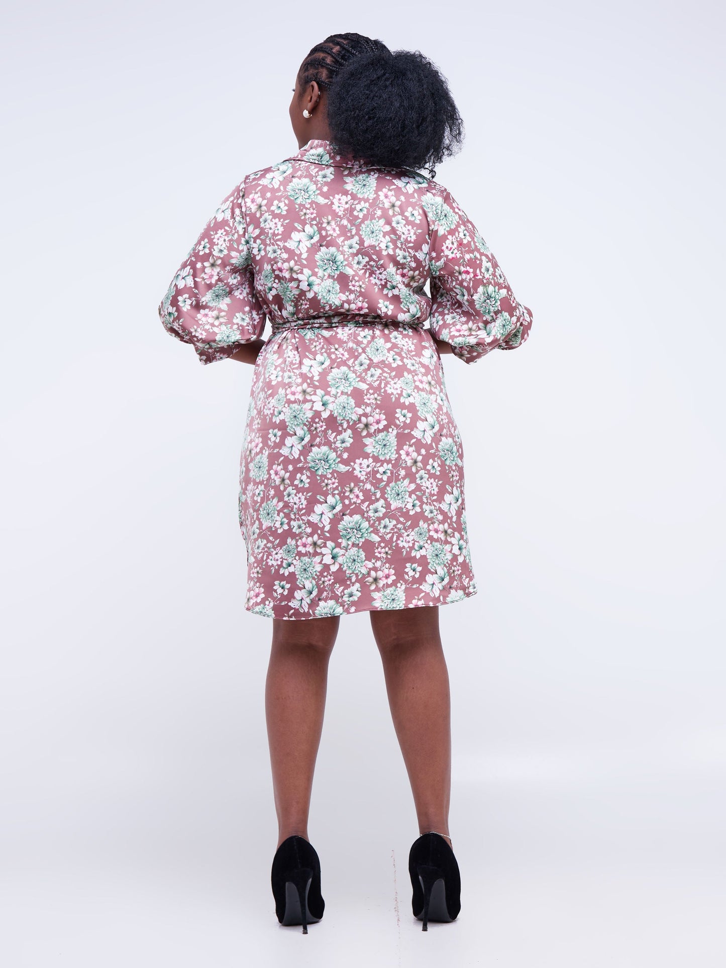 Vivo Thando 3/4 Bishop Sleeve Shirt Dress - Brown Floral Print