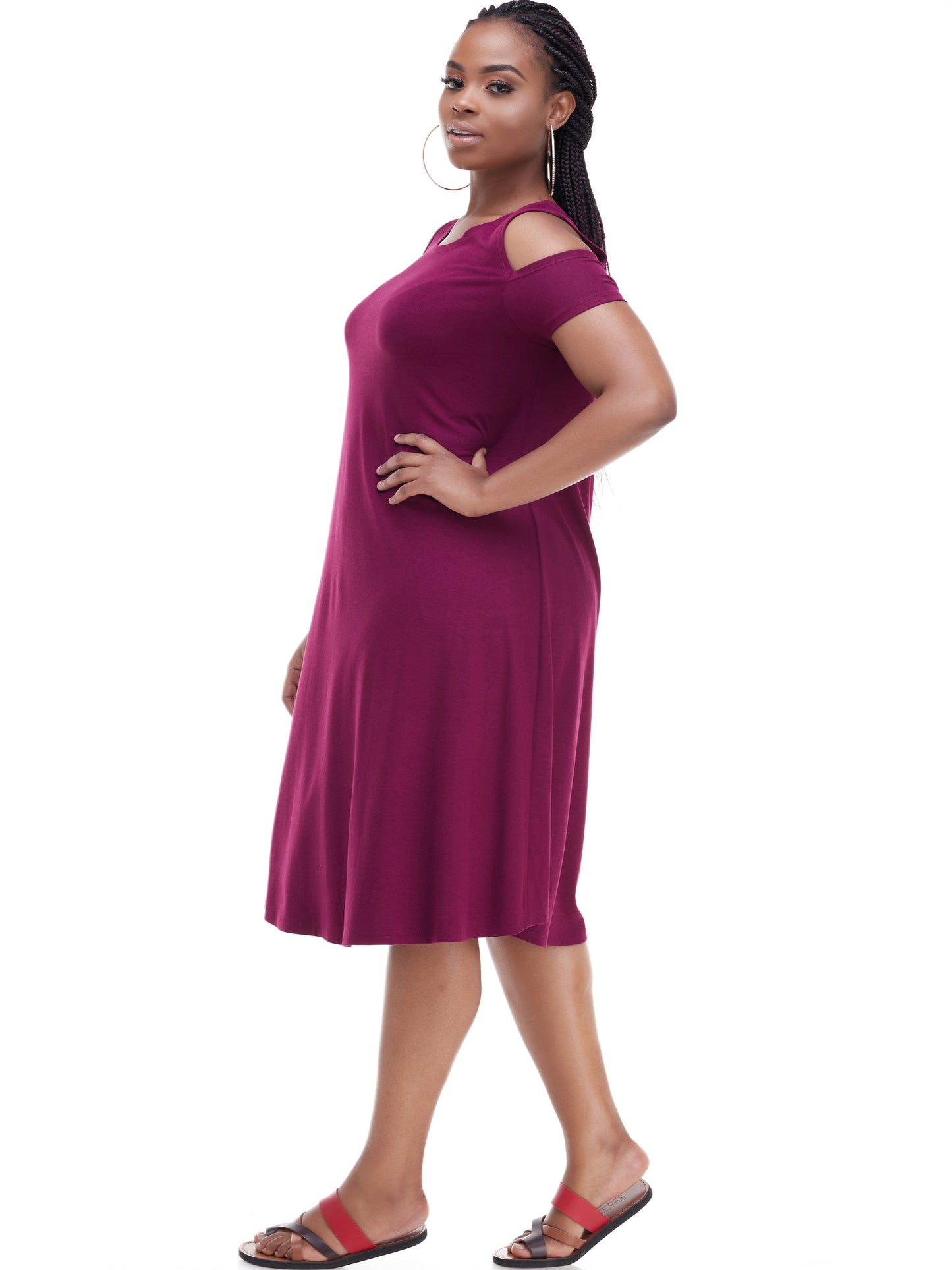 Vivo Lamu Knee Length Cold Shoulder Dress - Raspberry