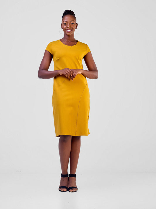 Vivo Fasi Cap Sleeve Asymmetrical Panel A-Line Dress - Mustard