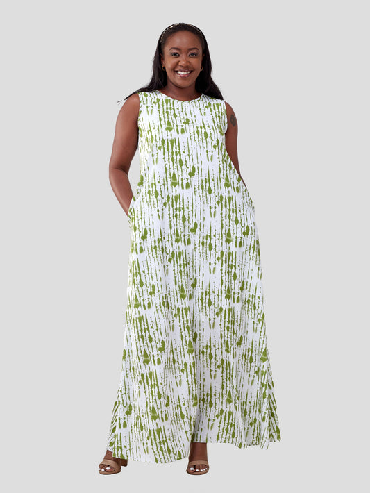 Vivo Basic Sleeveless Tent Maxi Dress - White / Green Print
